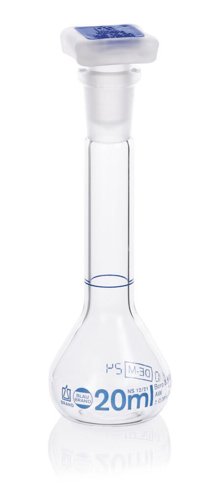 Vol. flask Blaubrand, cl.A, PP stop, Borosil gl. 3.3, 20 ml, grnd.joint 12/21 - Luminix Health