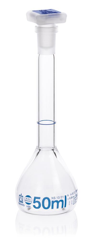 Vol. flask Blaubrand, cl.A, PP stop, Borosil gl. 3.3, 50 ml, grnd.joint 12/21 - Luminix Health