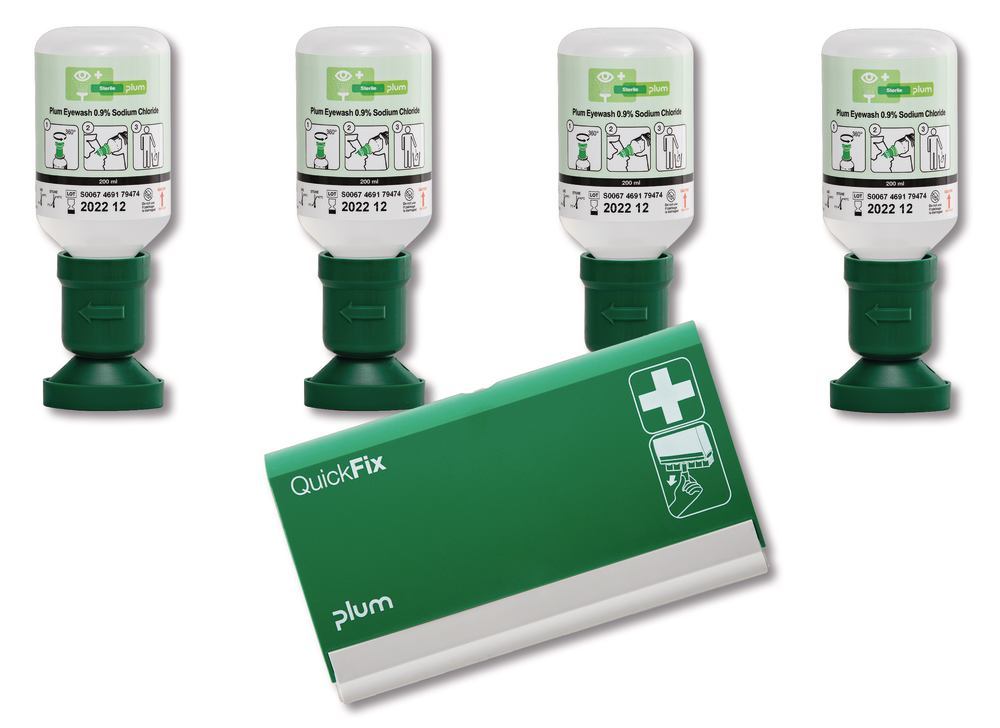 4 disposable eyewash bottles, NaCl 0,9 %, 200 ml, 1 QuickFix dispen., empty - Luminix Health