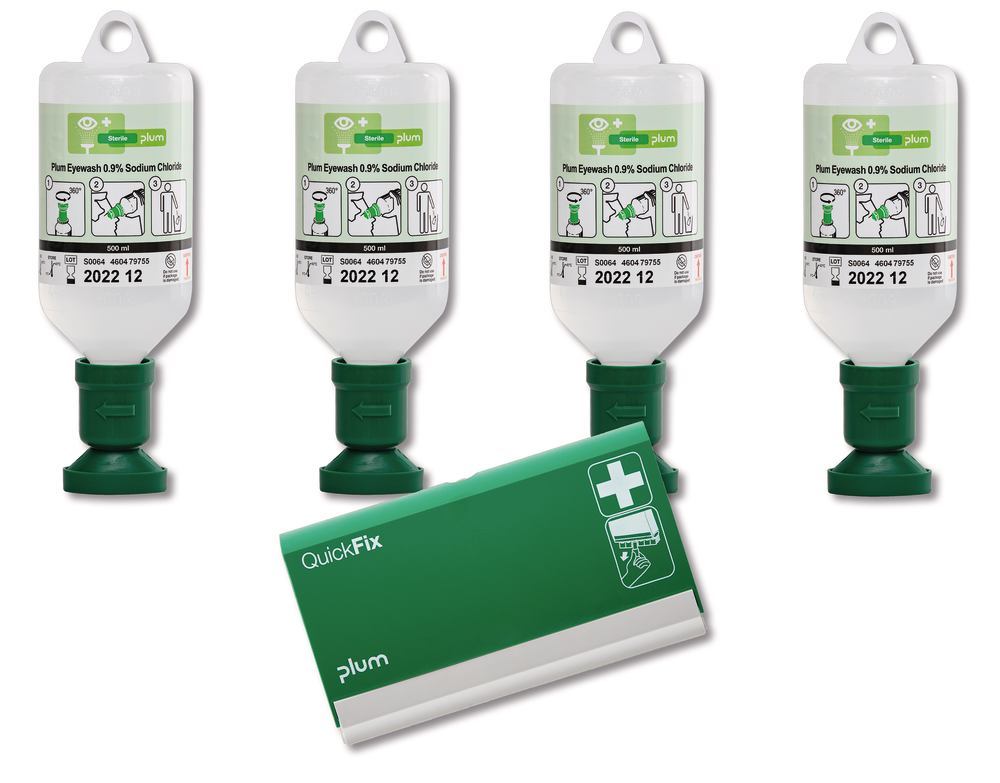4 disposable eyewash bottles, NaCl 0,9 %, 500 ml, 1 QuickFix dispen., empty - Luminix Health
