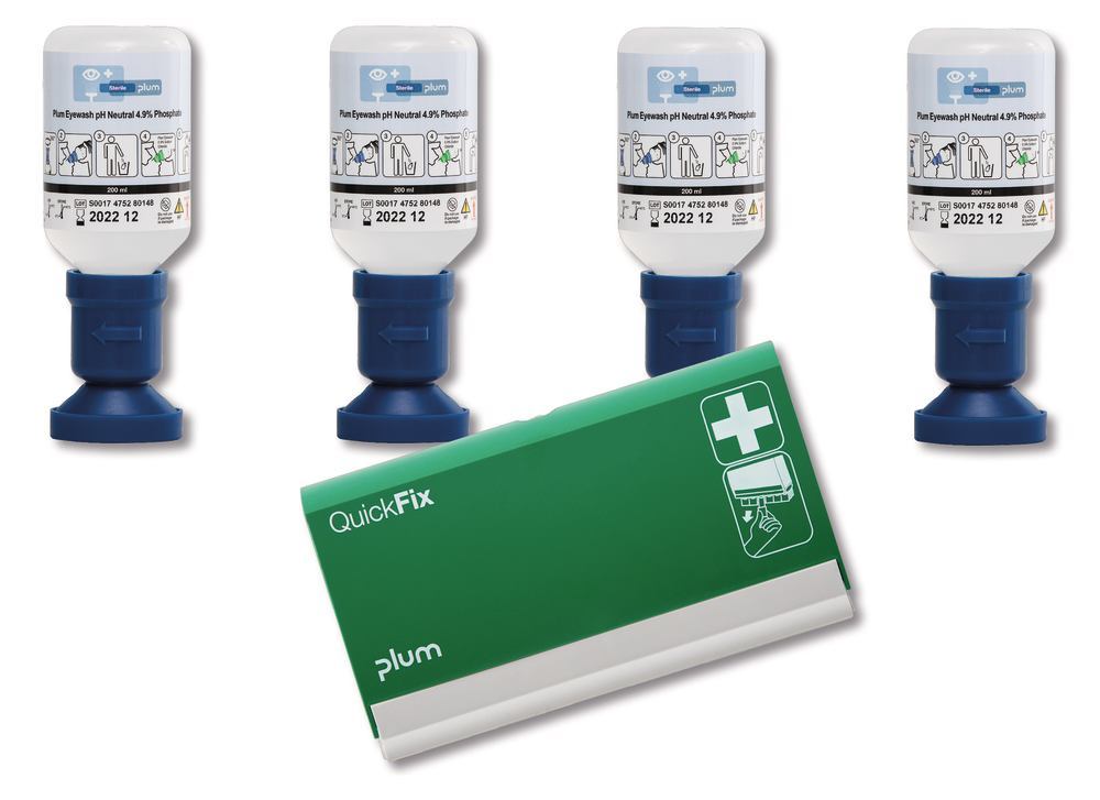 4 disposable eyewash bottles, pH Neutral, 200 ml, 1 QuickFix dispen., empty - Luminix Health