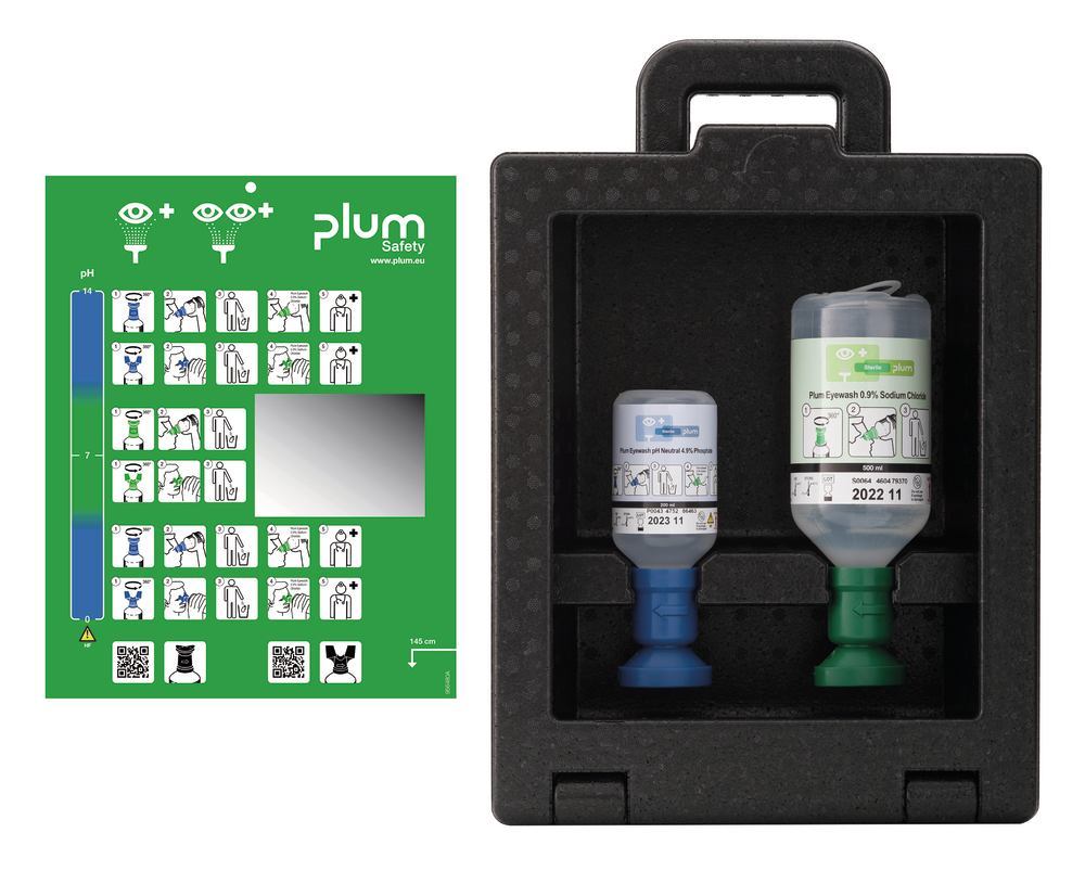 Eye wash station Plum iBox 2 with 1 x eye wash solution 500 ml and 1 x pH... - Luminix Health