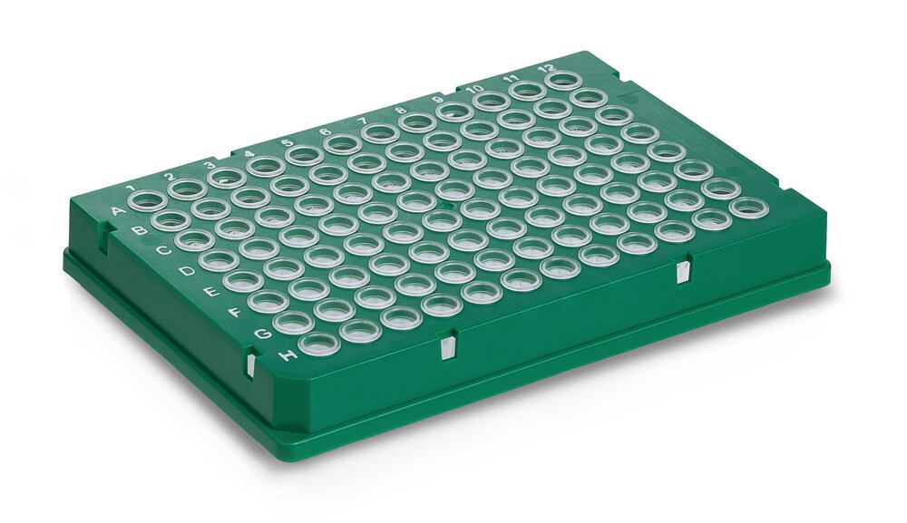 Rigid frame 96 well PCR plate, Low, green, whole frame, 50 unit(s) - Luminix Health