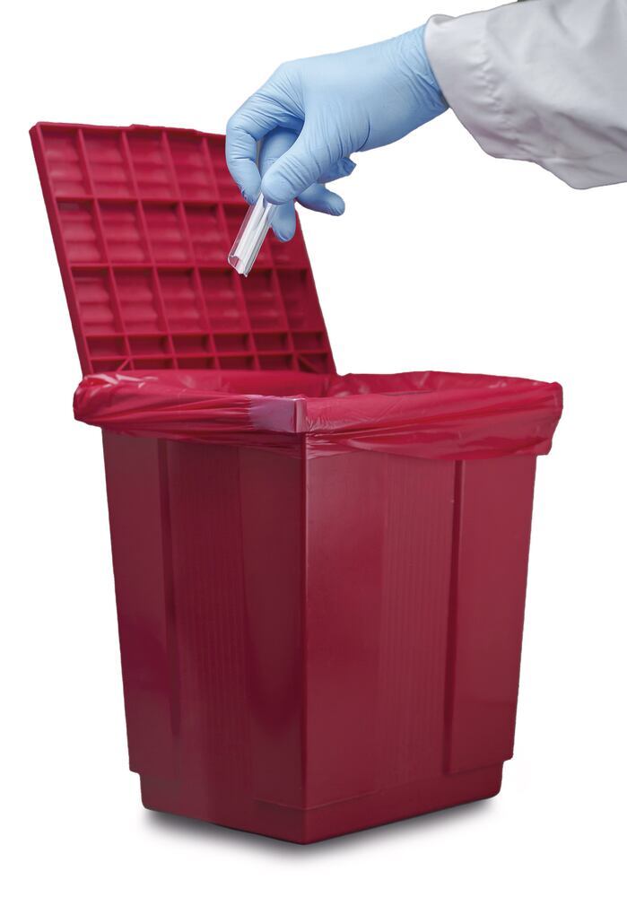 Waste container with hinged lid, made of PP, red, autoclavable at 121 °C - Luminix Health