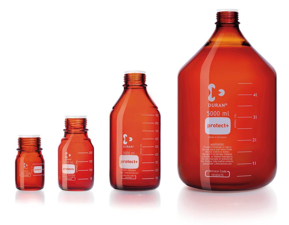 DURAN® protect+ screw top bottle, with dust cap, brown glass, 100 ml, 10 unit(s) - Luminix Health