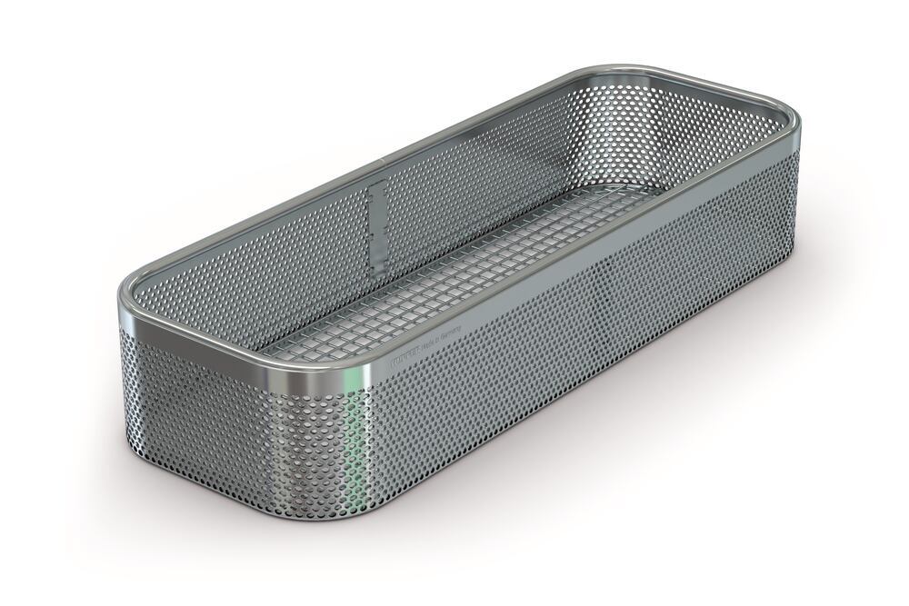 Sterilisation basket w perf plate wall, Stainless steel, 480 x 250 x 67 mm - Luminix Health