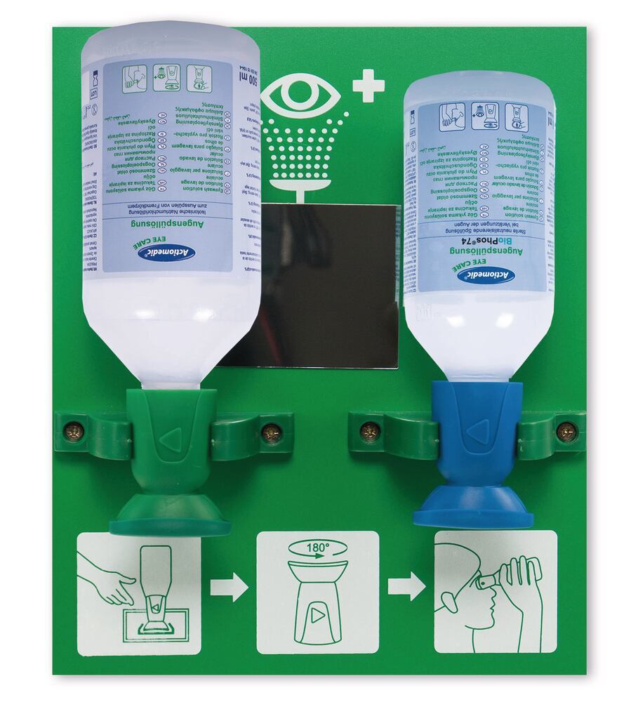 Actiomedic Double II eye wash station, 1x500ml NaCl sol., 1x250ml BioPhos®74 - Luminix Health