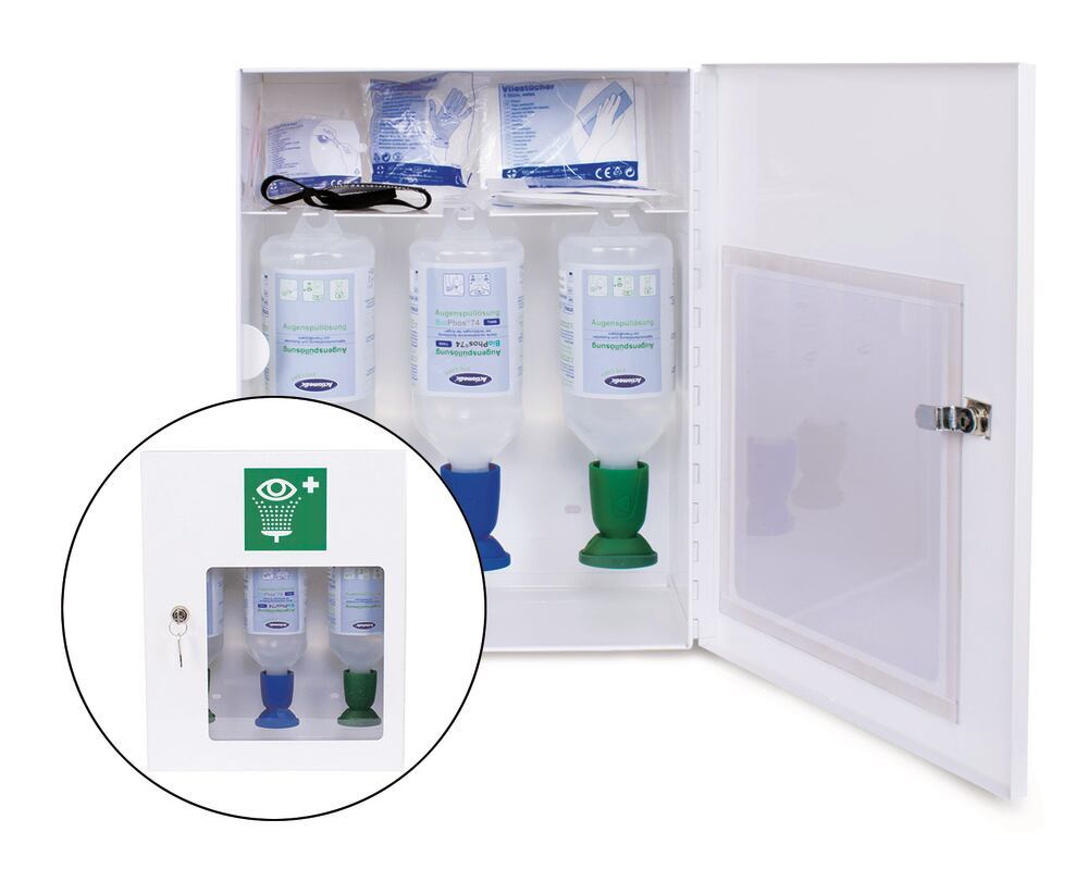 Actiomedic EYE CARE II eye wash cabinet, 2x500ml NaCl sol., 1x500ml BioPhos®74, - Luminix Health