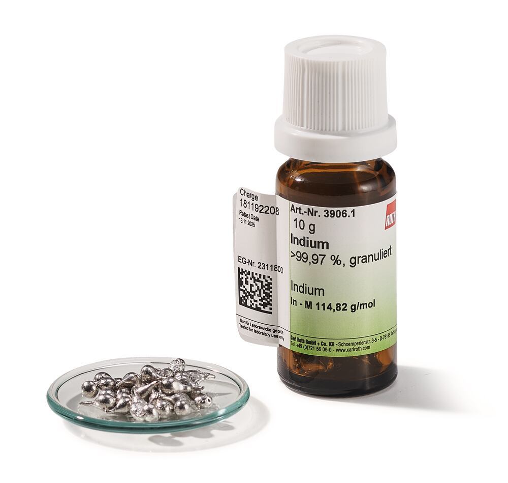Indium granulate, >99.97 %, 10 g, glass - Luminix Health
