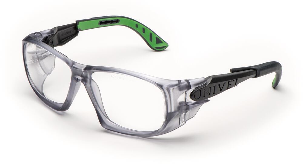 5X9 CR39 safety glasses, Gunmetal/green frame, clear lens, 1 unit(s) - Luminix Health
