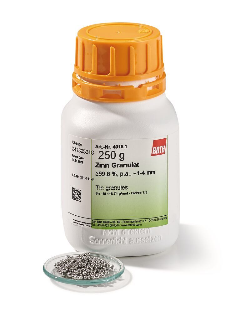 Tin granules, min. 99,8 %, p.a., 1-4 mm, 50 g, plastic - Luminix Health