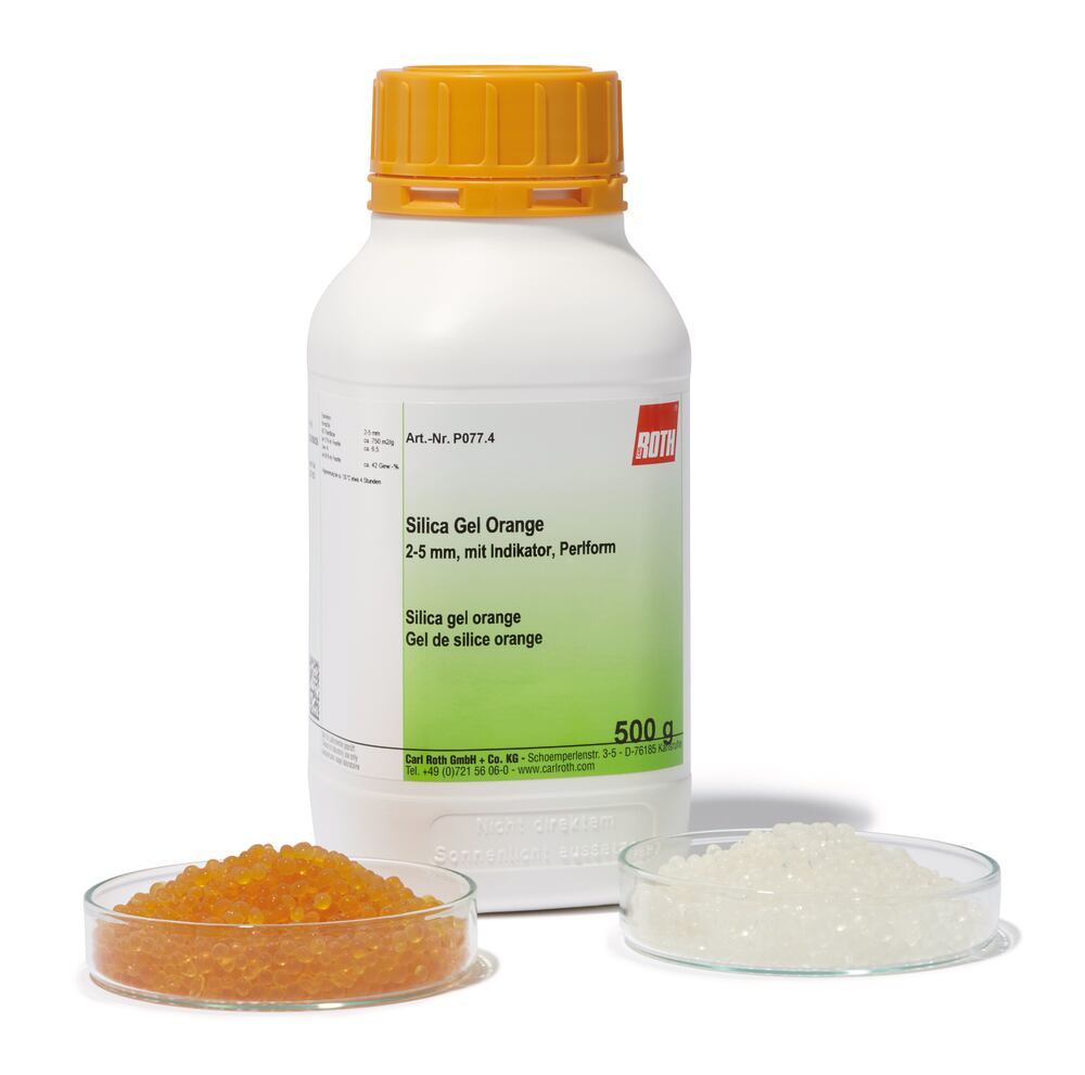 Silica gel orange, 2-5 mm, with colour indicator, pearls, 500 g, plastic - Luminix Health