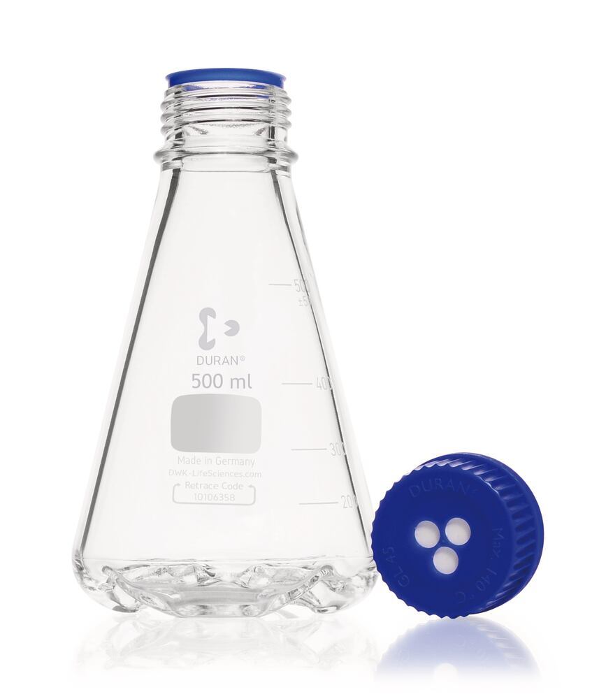 Erlenmeyer flask with 4 baffles, DURAN®, 500 ml, GL45, with diaphragm screw caps - Luminix Health