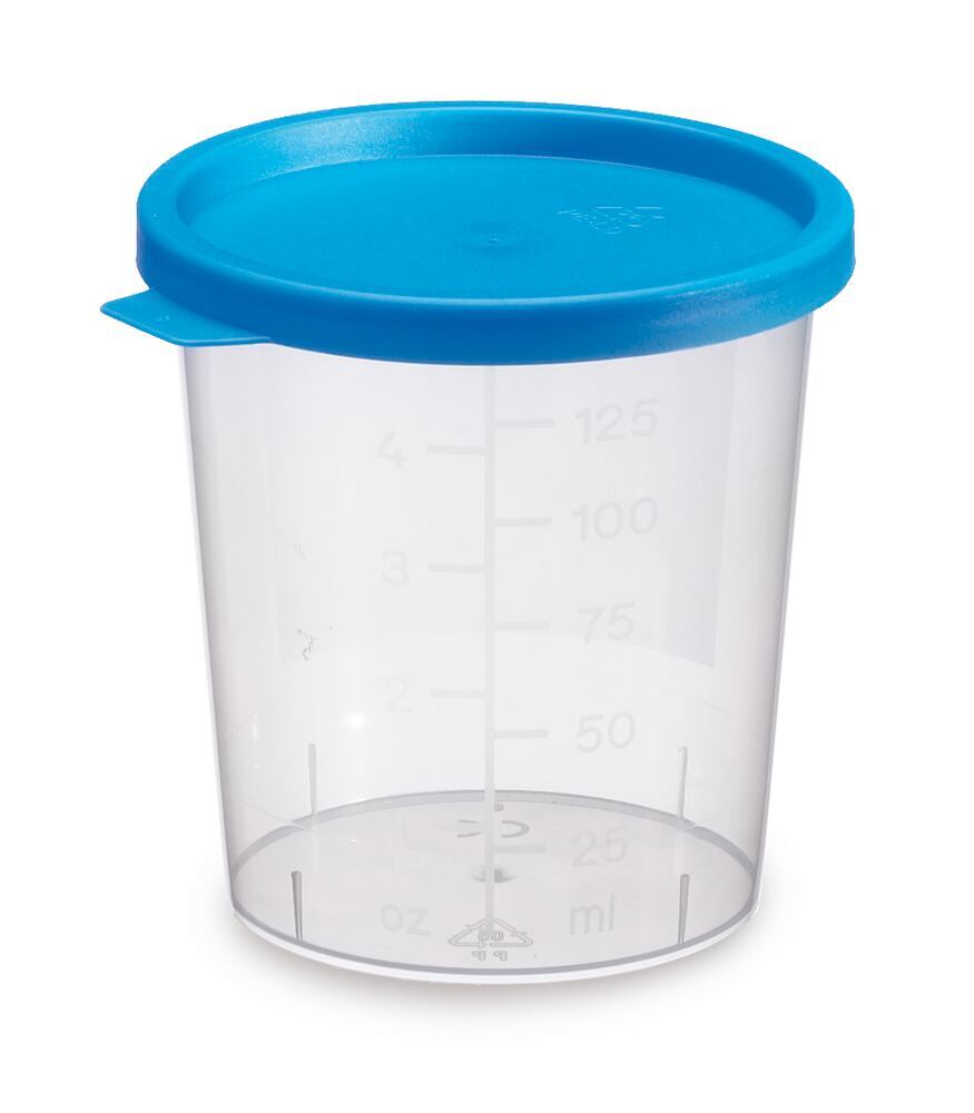 Sample beakers with snap-on lid, 125 ml, lid blue, flat, 500 unit(s) - Luminix Health