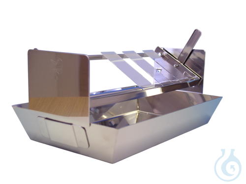 Staining dish of stainless steel with tilting rack