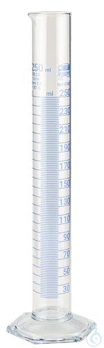 Measuring cylinders, borosilicate glass 3.3, tall form, hexagonal base, blue