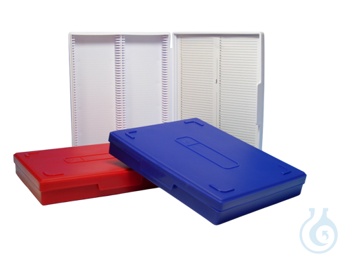 Slide boxes of polypropylene, with hinged lid, for 100 microslides blue