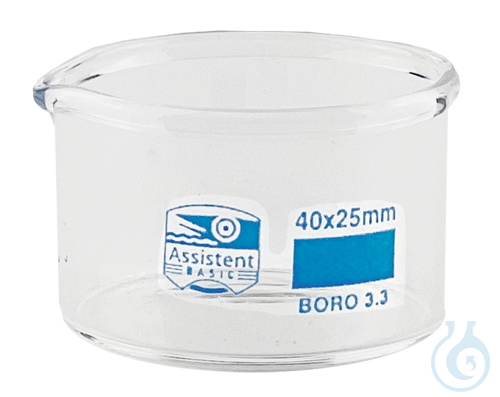Dishes, crystallizing with spout, DIN 12337, Boro 3.3, printing white, Diameter:
