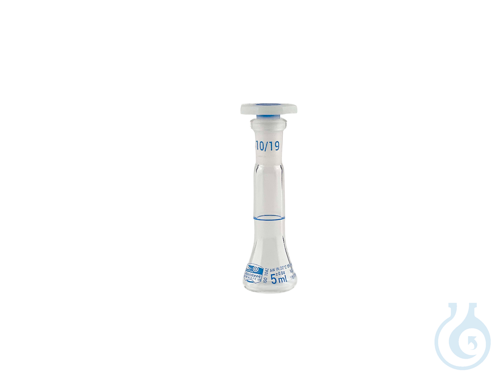 Volumetric flask, trapezoidal, clear, class A, blue graduation, with plastic