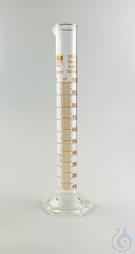 Cylinder, measuring, class 'A' hexagonal base, tall form, amber graduation, DIN