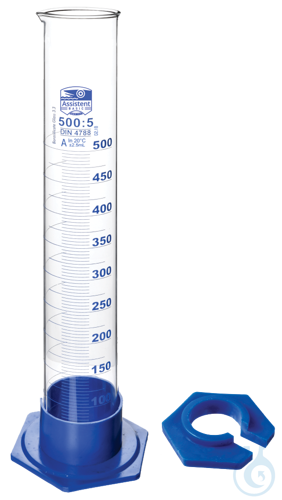 Cylinder, measuring, class 'B' with detachable plastic base, tall form, blue