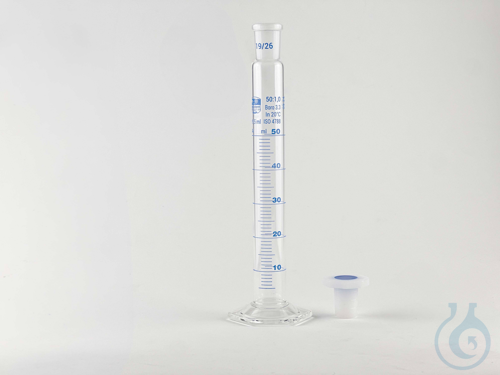 Cylinder, mixing, class 'A' hexagonal base with PP stopper, blue graduation, DIN