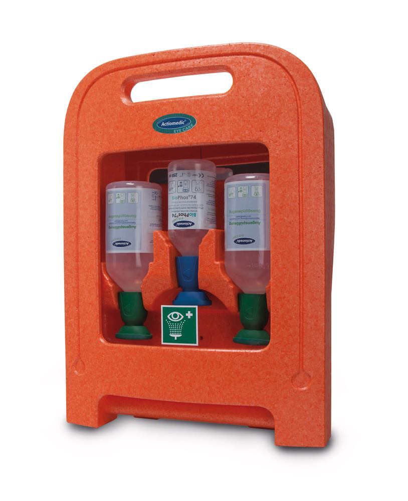 Medi2Protect I eye wash station, Colour orange, with 3 eye wash bottles - Luminix Health