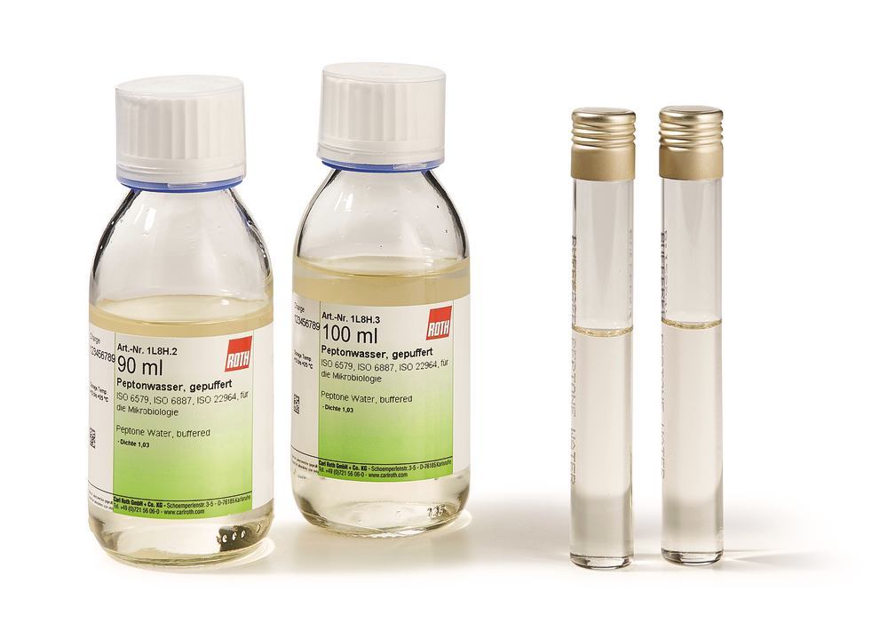 Peptone Water, buffered, ISO 6579, ISO 6887, ISO 22964, 180 ml, glass - Luminix Health