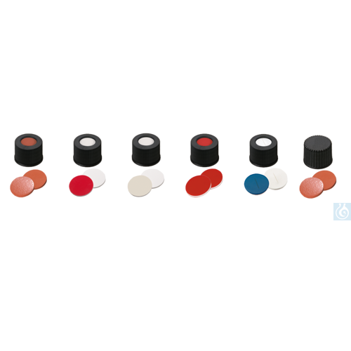 Image of neochrom® screw caps PP, ND10 with hole, septum silicone white/PTFE red, 100 pcs - Luminix Health