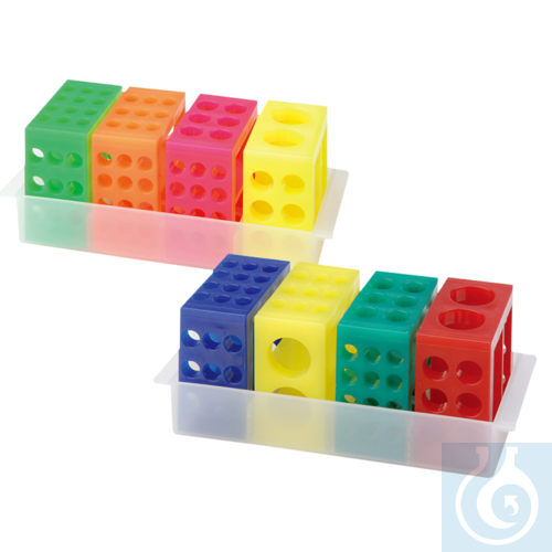 Image of neoLab® multi-purpose rack, holding tray + 4 tube racks, neon colored - Luminix Health