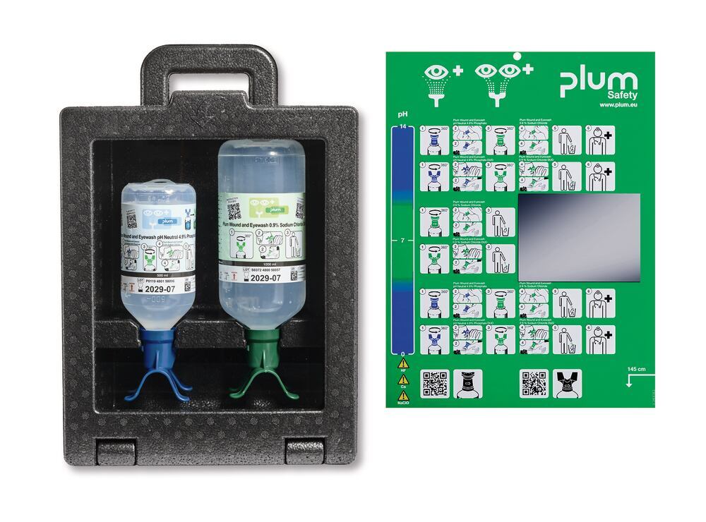 Plum iBox 2 eye wash station, 1 × 1000 ml DUO and 1 × 500 ml pH Neutral
