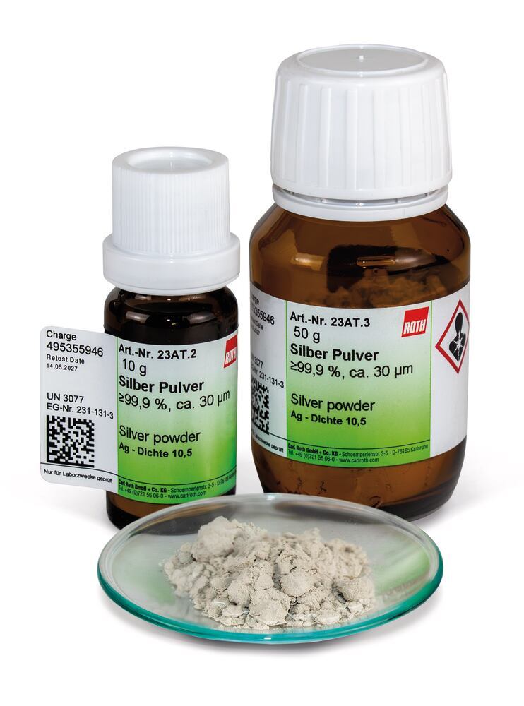 Silver powder, min. 99,9 %, ca. 30 µm 1 g, Carl Roth, art. 23AT.1
