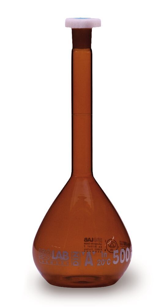Volumetric flask coated, Cl. A, brown glass, 5 ml, GGJ 10/19, PE plug