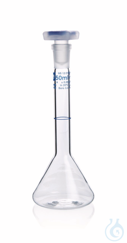 Volumetric flask, trapezoidal, Boro 3.3,, BLAUBRAND, class A, grad. in blue, wit