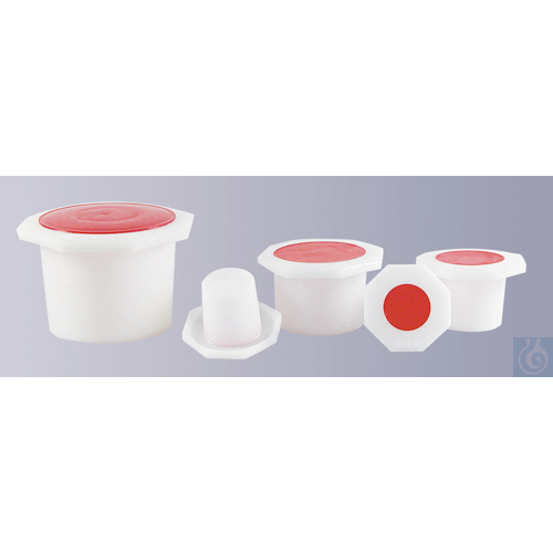 Octagonal PE poly-stopper NS 34/30, with seal ribs and size printed on the head