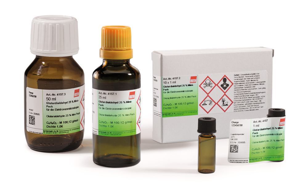 Image of Glutaraldehyde 25 %, in water, for electron microscopy, 10 ml, cardboard - Luminix Health