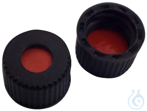 Image of 8mm PP Screw Cap, black, centre hole, 8-425 thread, Natural Rubber red-orange/TE