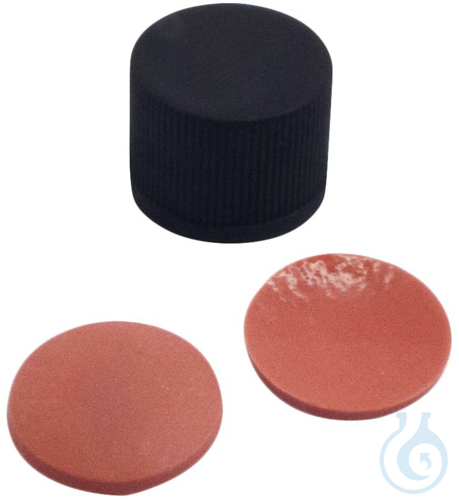 Image of 8 mm PP screw cap, black, closed, thread 8-425, natural rubber red-orange/TEF tr