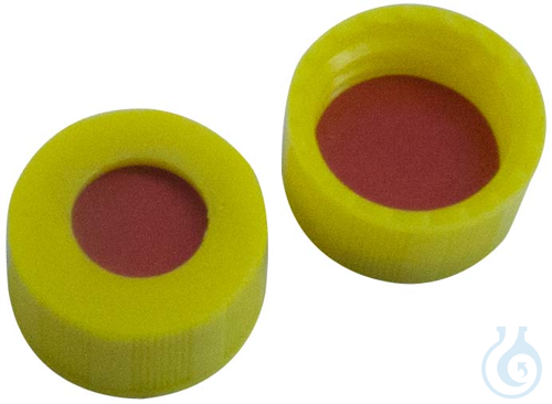 9 mm PP short threaded cap, yellow, w/ hole, natural rubber red-orange/TEF, 1 mm - Luminix Health