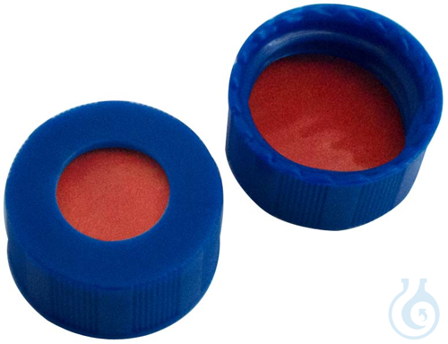 9 mm PP short thread cap, blue, w/ hole, Septum, natural rubber red-orange/TEF - Luminix Health