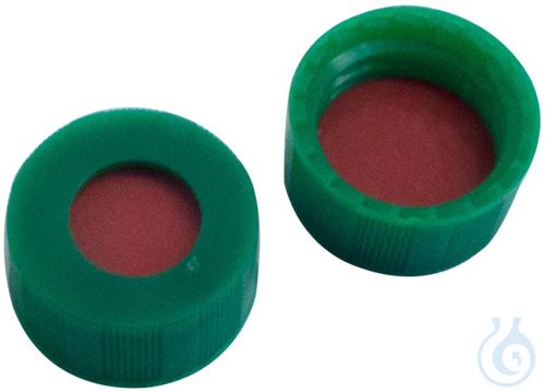 Image of 9 mm PP screw cap, green, w/ hole, Septum, natural rubber red-orange/TEF transp.