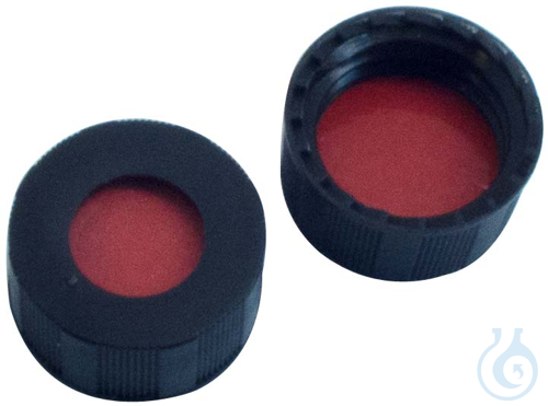 Image of 9 mm PP screw cap, black, w/ hole, Septum, natural rubber red orange/TEF transp.
