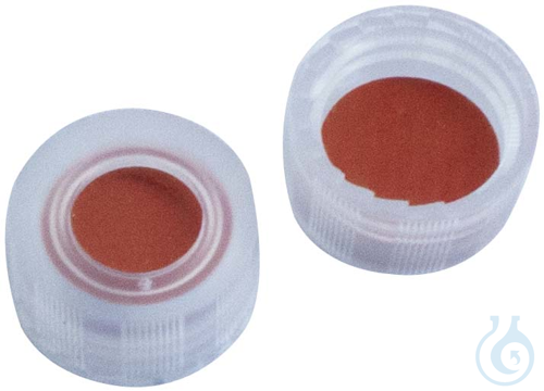 Image of 9 mm PP screw cap, transparent, w/ hole, natural rubber red-orange/TEF transp.