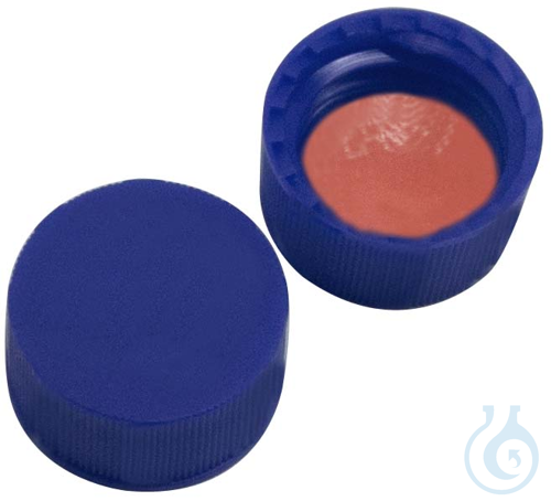 9 mm PP short thread cap, blue, closed, NK red-orange/TEF transp., 60° shore A - Luminix Health