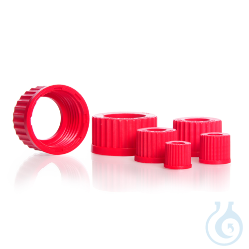 Image of DURAN® Open Topped Screw Cap, central aperture, PBT, red - Luminix Health