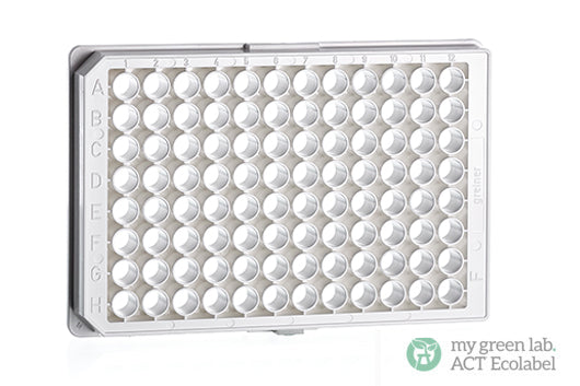 The 96-well cell culture microplate with F-bottom (chimney well) and µClear® film