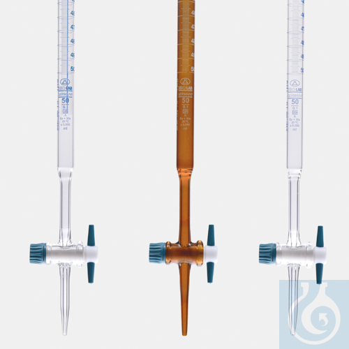 burette - straight - clear - PTFE stopcock - Class AS - conf. batch cert. -