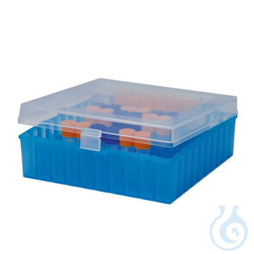 Image of Freezer box with hinged lid, 10 x 10, PP, natural/blue - Luminix Health
