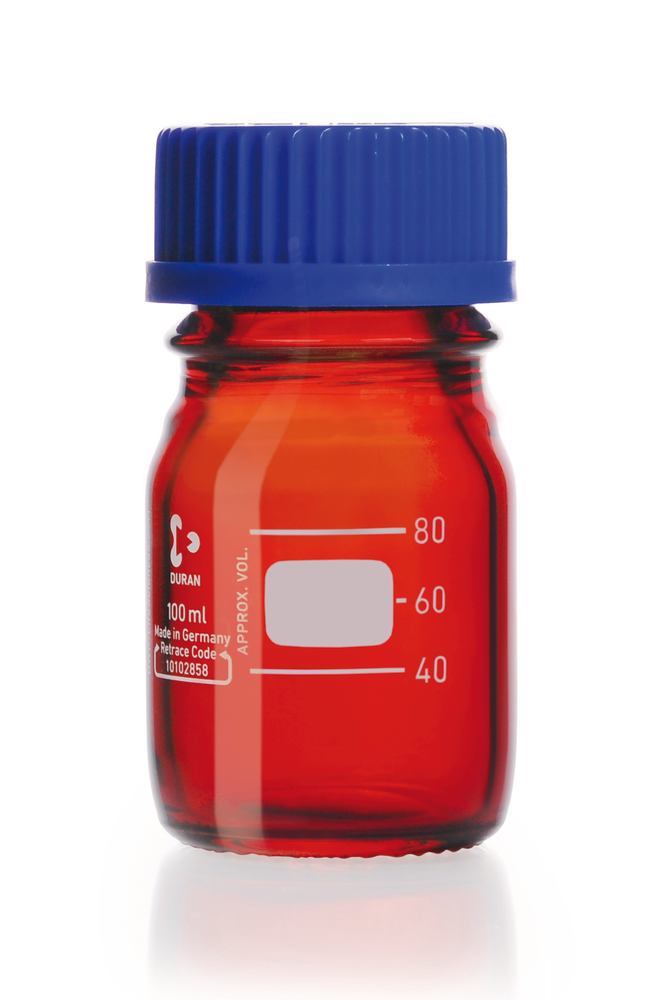 Screw neck bottles, DURAN®, amber, w. pouring spout ring and cap, PP, 100ml - Luminix Health