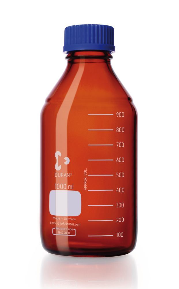 Screw neck bottle, DURAN®, amber, w. pouring spout ring and cap, PP,1000ml - Luminix Health